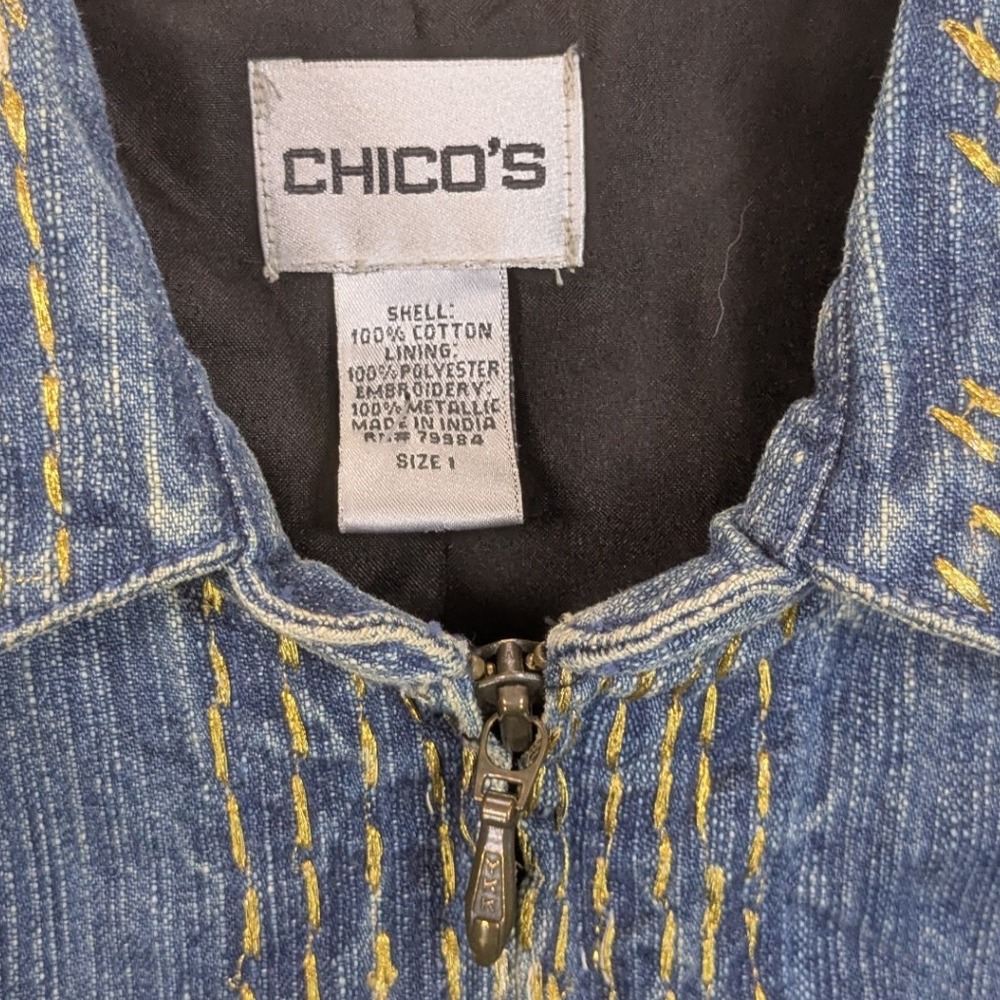 Chicos Denim Blue Jacket Womens Medium Metallic Gold Embroidery Baggy Oversized - Picture 2 of 6